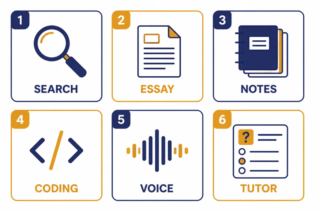 Six study cards labeled SEARCH, ESSAY, NOTES, CODING, VOICE, and TUTOR in a two-row grid.