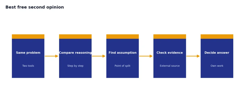 Process with stages Same problem, Compare reasoning, Find assumption, Check evidence, Decide answer.