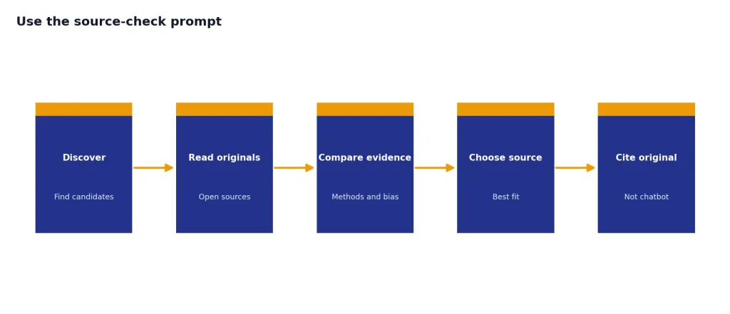 Process with stages Discover, Read originals, Compare evidence, Choose source, Cite original.