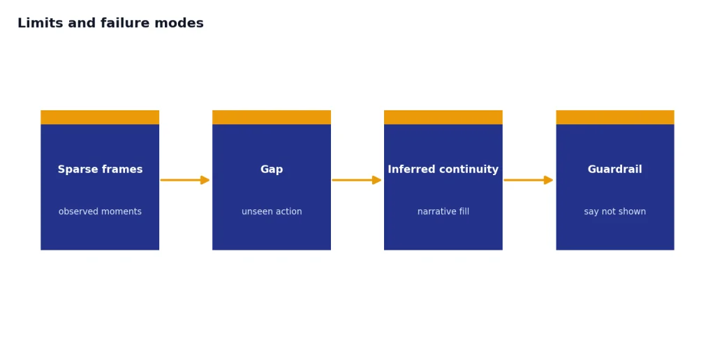 Process with stages Sparse frames, Gap, Inferred continuity, Guardrail, ending with Say not shown.