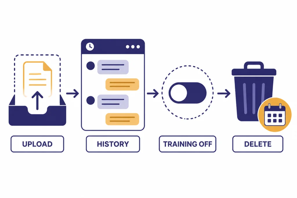 Privacy flow with upload tray, history box, off toggle labeled TRAINING OFF, and delete bin.