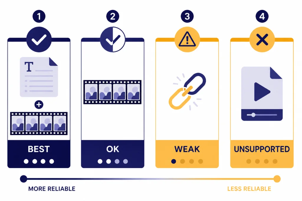 Four test cards labeled BEST, OK, WEAK, and UNSUPPORTED with check, half check, warning, and X symbols.