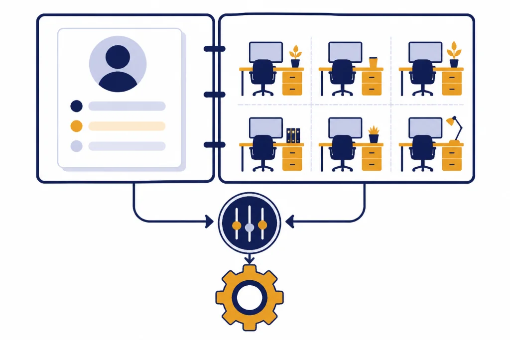 Split ledger with single-user card, business workspace grid, controller circle, and processor gear.