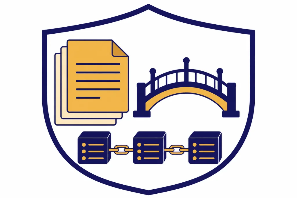 Contract packet, bridge, three linked server boxes, and shield outline.