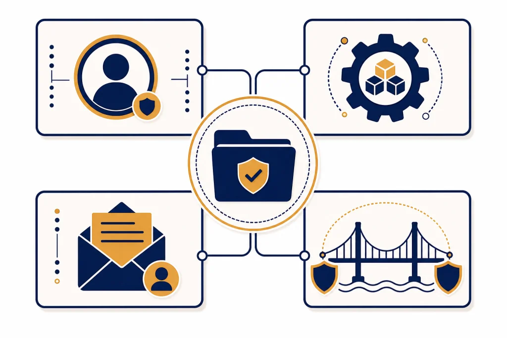 GDPR Compliance Map Compliance folder connected to controller, processor, rights request, and transfer panels.
