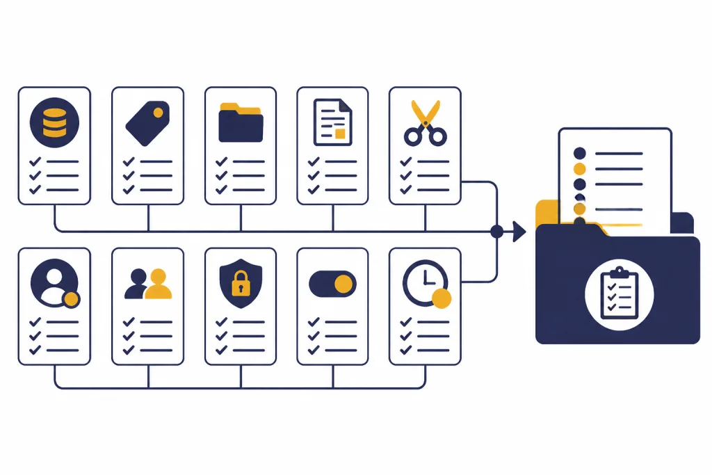 Ten checklist tiles flowing into an audit log folder with privacy and retention icons.