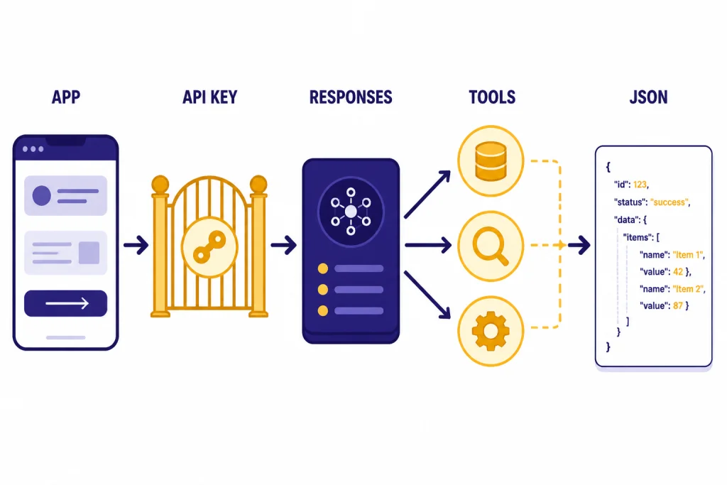 Flow diagram labeled APP, API KEY, RESPONSES, TOOLS, and JSON with arrows through the API path.