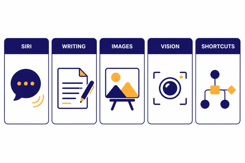 Five feature cards labeled SIRI, WRITING, IMAGES, VISION, and SHORTCUTS with matching icons.