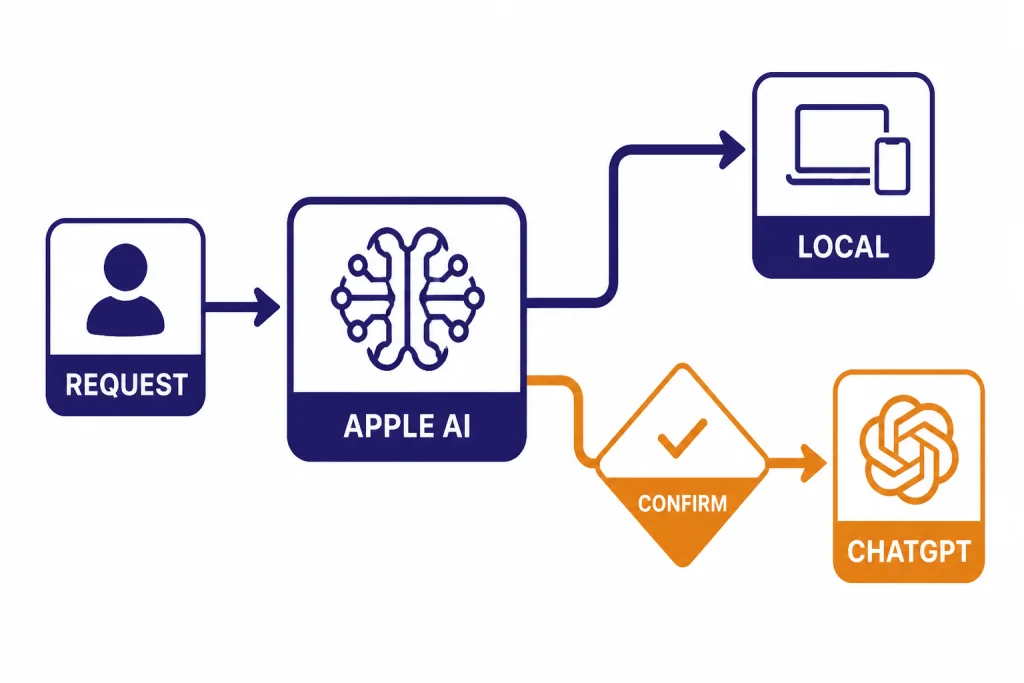 Apple Intelligence Routing Flow Flowchart with REQUEST entering APPLE AI, then paths to LOCAL and CONFIRM before CHATGPT.