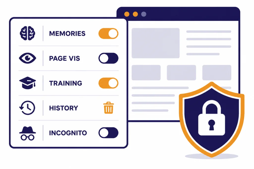 Settings dashboard with toggles labeled MEMORIES, PAGE VIS, TRAINING, HISTORY, and INCOGNITO.