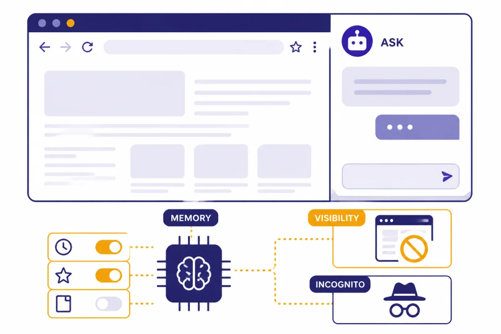 Browser page with assistant panel and controls labeled ASK, MEMORY, VISIBILITY, and INCOGNITO.