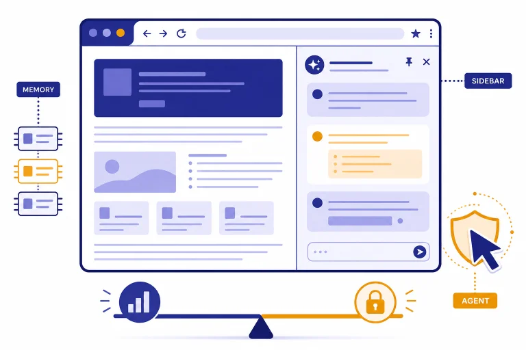 Browser window with labels SIDEBAR, MEMORY, and AGENT around page, assistant panel, and cursor controls.