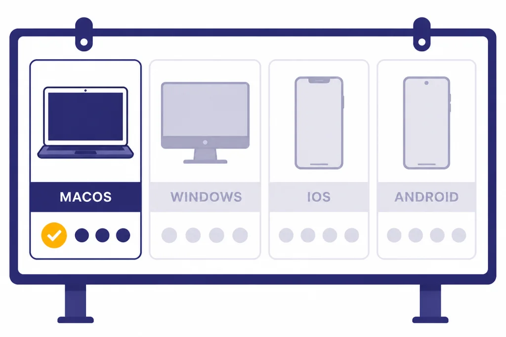 Platform board with MACOS active and WINDOWS, IOS, and ANDROID cards dimmed.