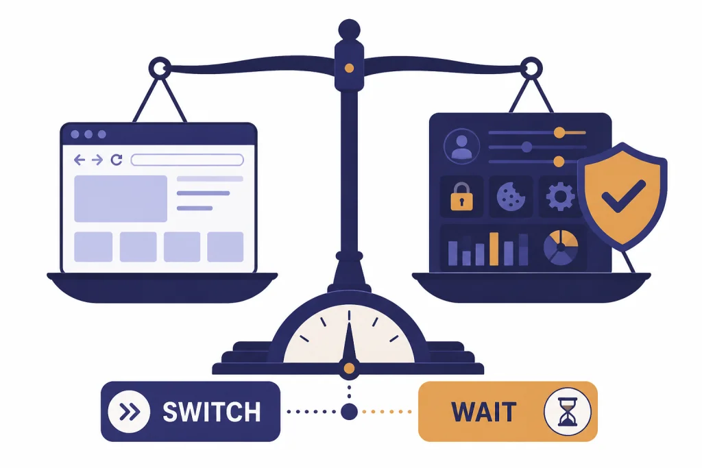 Switch Or Wait Verdict Decision scale with browser window and shielded control panel labeled SWITCH and WAIT.