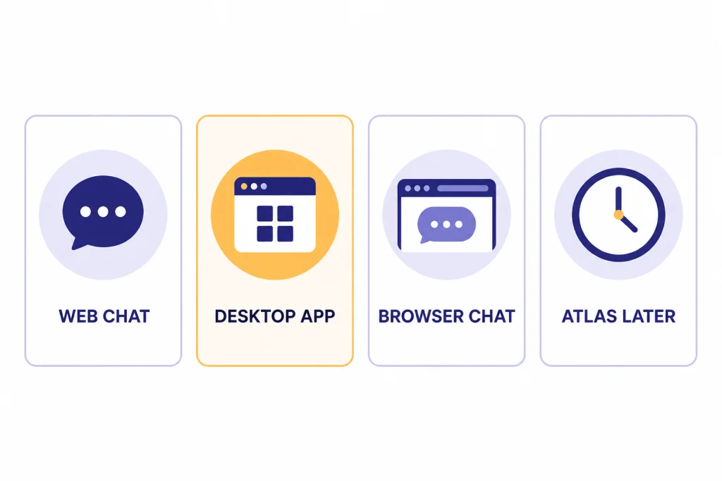 Windows Alternatives Cards Four option cards labeled WEB CHAT, DESKTOP APP, BROWSER CHAT, and ATLAS LATER.