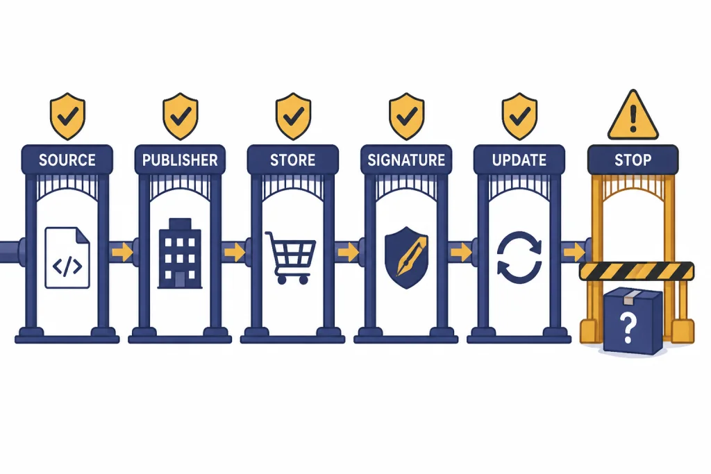 Installer Verification Checklist Six verification gates labeled SOURCE, PUBLISHER, STORE, SIGNATURE, UPDATE, and STOP.