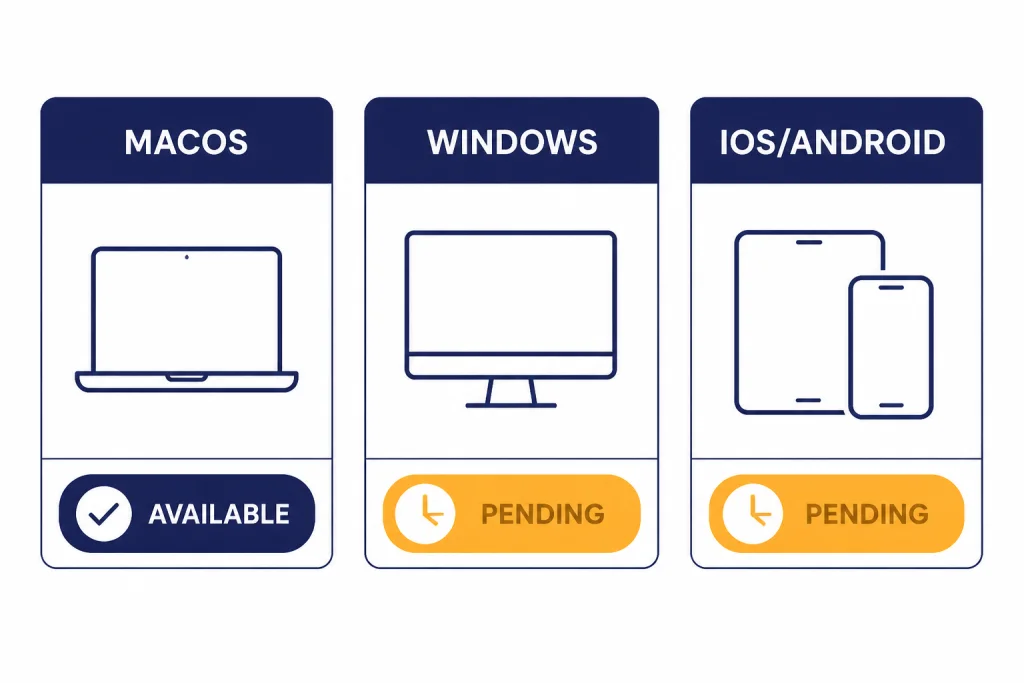 Atlas Platform Status Matrix Availability matrix labeled MACOS AVAILABLE, WINDOWS PENDING, and IOS/ANDROID PENDING.