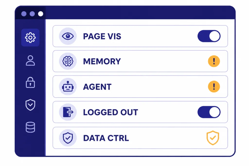 Settings panel with toggles labeled PAGE VIS, MEMORY, AGENT, LOGGED OUT, and DATA CTRL.