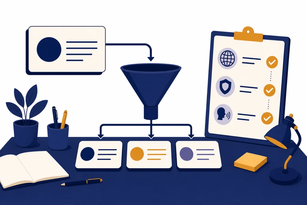 Business Name Workflow Input card feeds a funnel, with three name cards and a checklist panel on the right.