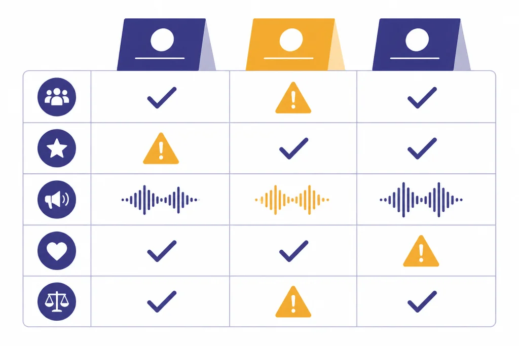 Name Scoring Matrix Scoring matrix compares three name cards using checkmarks, warning triangles, and sound-wave icons.