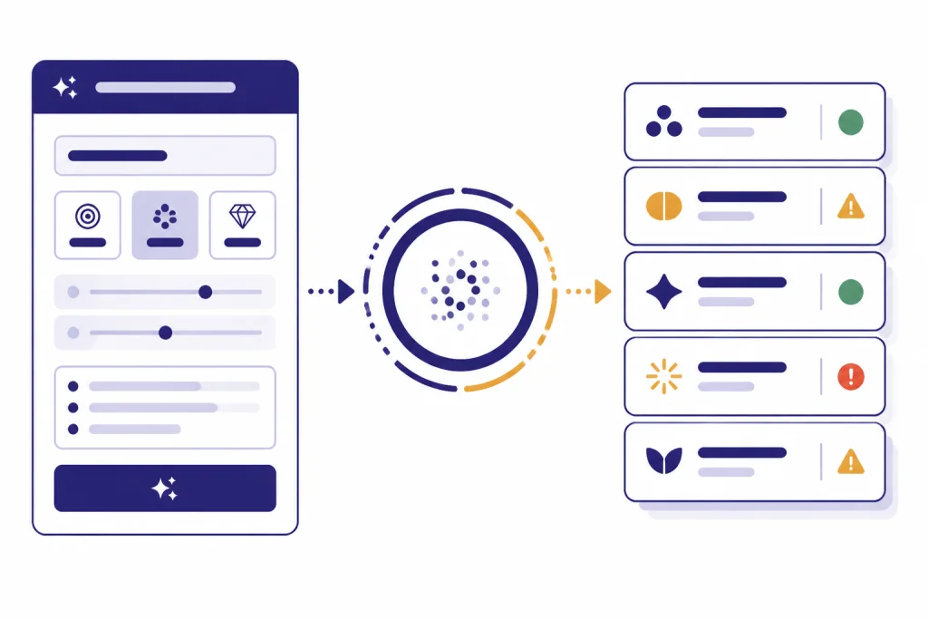 Generator Shortlist Flow Prompt card flows into a processing circle and a stack of shortlisted name cards with risk icons.