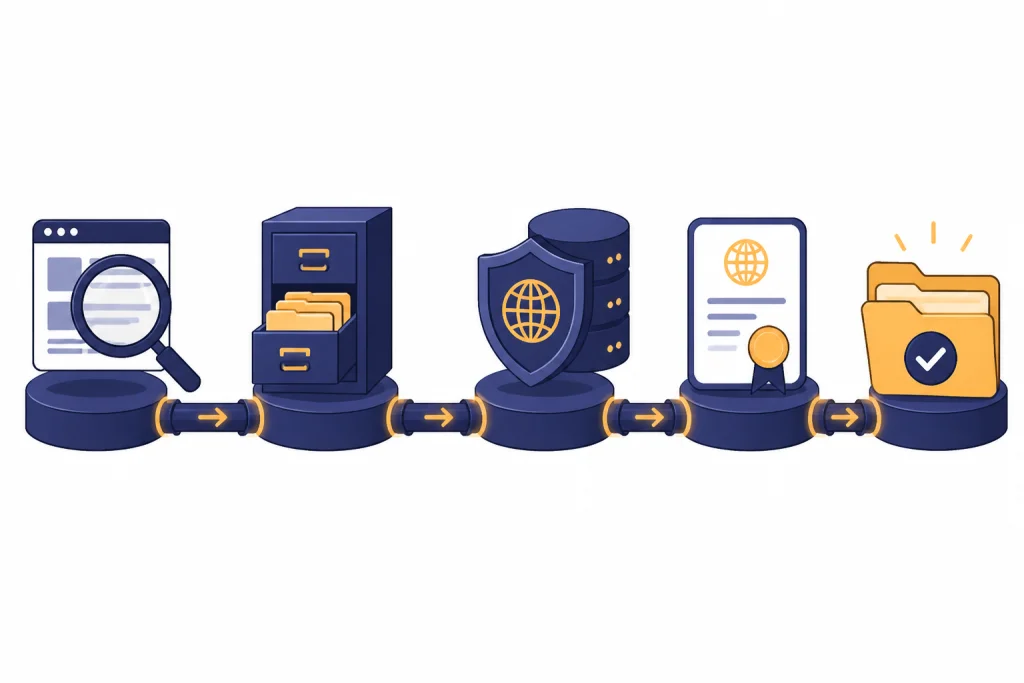 Four-station verification pipeline ends in an approved shortlist folder.
