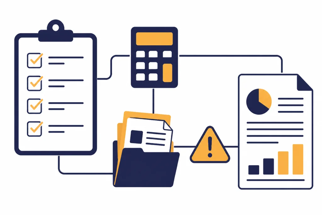 Business Plan Review Checklist Checklist board with calculator, source folder, caution triangle, and final plan document.