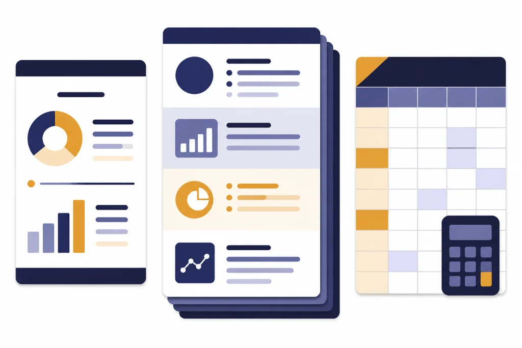 Business Plan Template Types Three template cards: short page, multi-section document stack, and spreadsheet assumptions card.