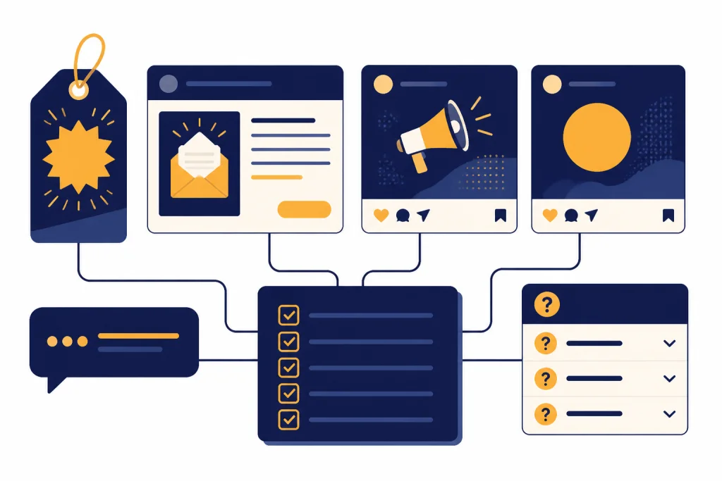 Offer Campaign Kit Campaign kit with offer tag, email card, social cards, message bubble, FAQ card, and checklist.