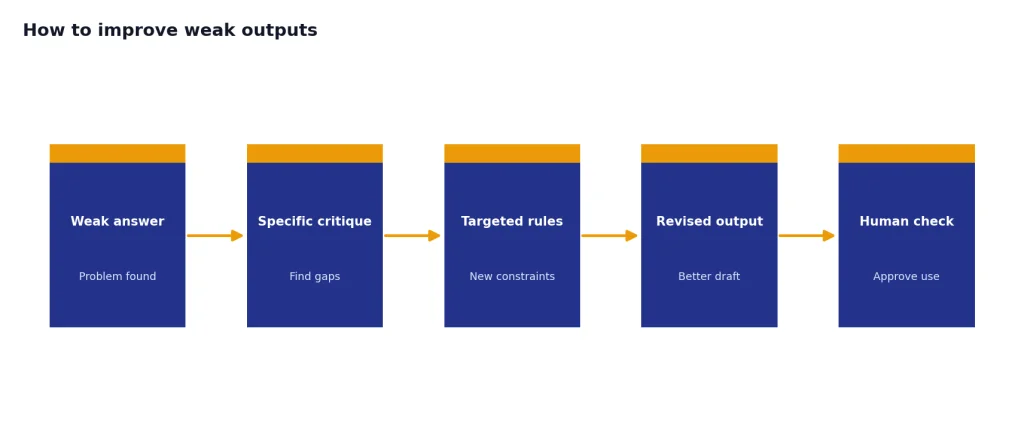 Process with 5 stages: Weak answer, Specific critique, Targeted rules, Revised output, Human check.