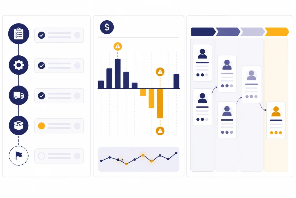 Operations dashboard with SOP checklist, cash flow bars, and hiring pipeline panels.