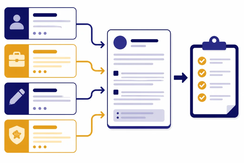 Four stacked prompt cards flow into an output document and checklist clipboard.