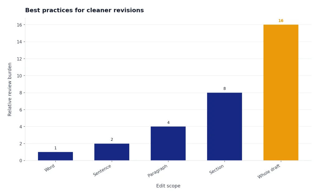 Bar chart: Word 1, Sentence 2, Paragraph 4, Section 8, Whole draft 16 relative review burden.