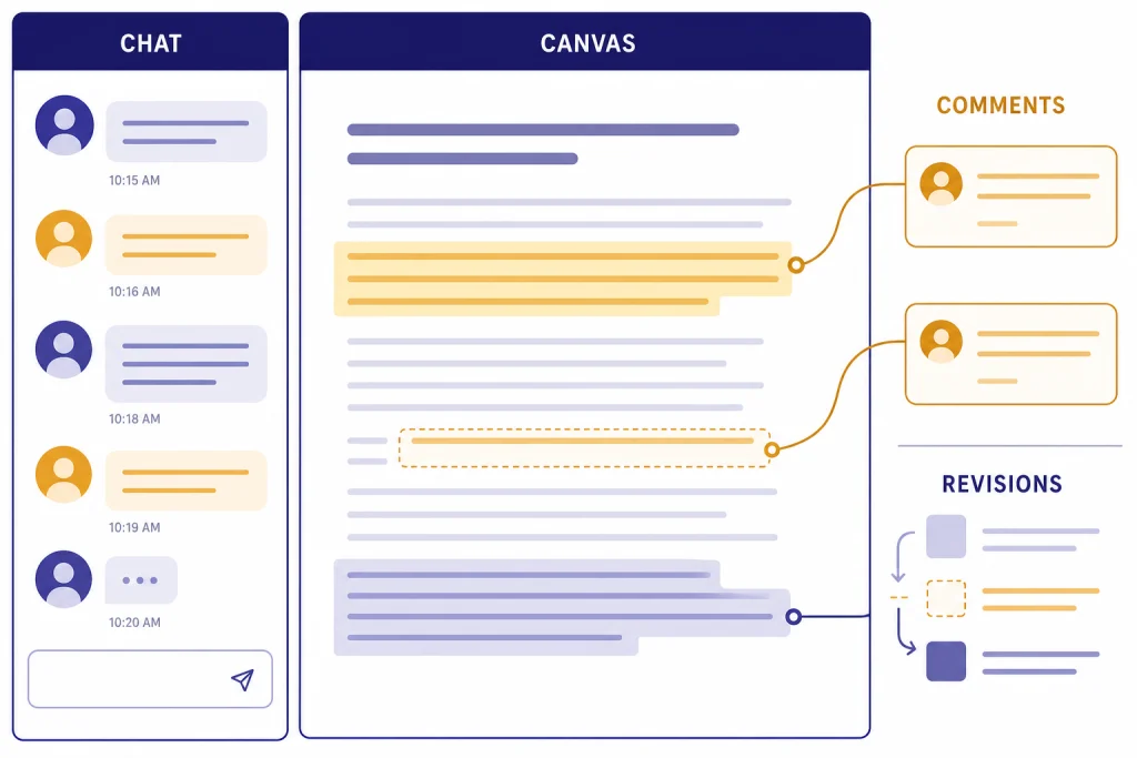 Canvas Editing Workspace Split workspace labeled CHAT and CANVAS with COMMENT bubbles and REVISION arrows around highlighted text.