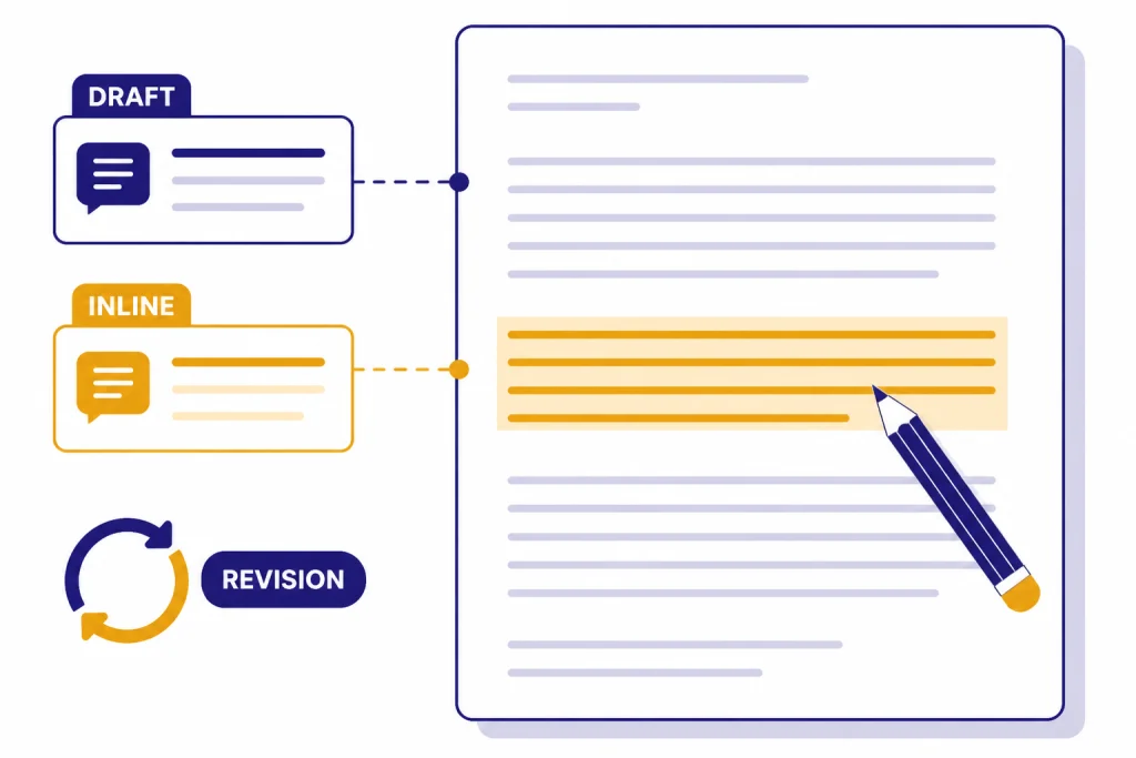 Inline Draft Revisions Document canvas labeled DRAFT with highlighted paragraph, INLINE comment cards, and REVISION loop icon.
