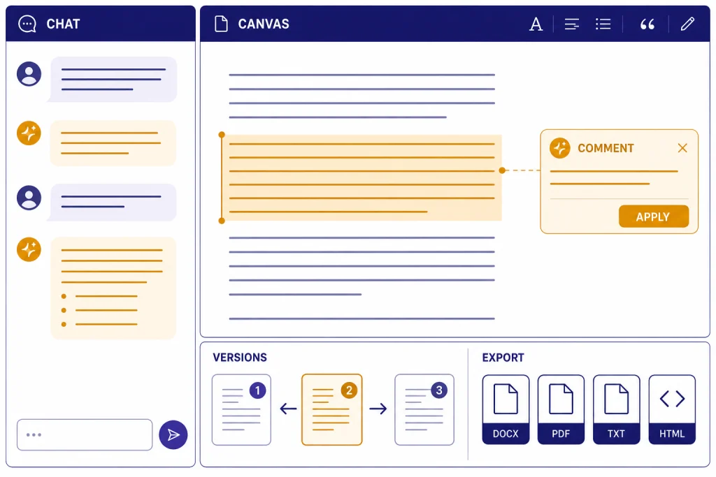Canvas Editor Workspace Split editor workspace labeled CHAT and CANVAS with COMMENT, APPLY, and VERSIONS controls.