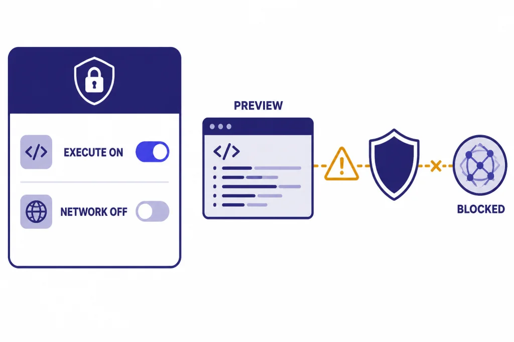 Security panel with EXECUTE ON and NETWORK OFF toggles, PREVIEW box, and BLOCKED network path.