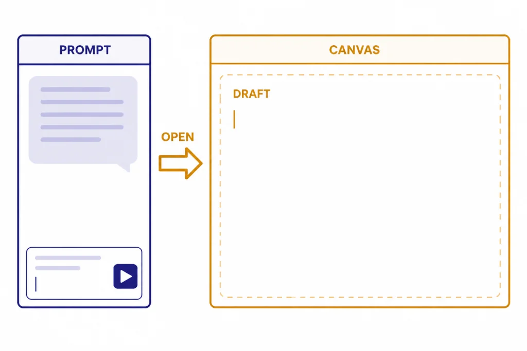 Two-pane workspace labeled PROMPT, OPEN, CANVAS, and DRAFT showing how Canvas opens beside chat.