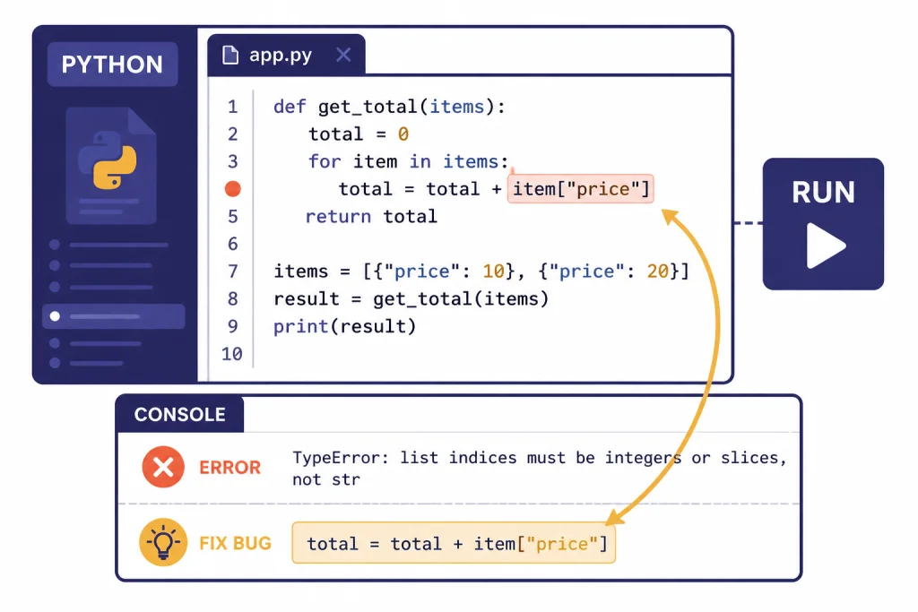 Python Debug Loop Python code editor labeled PYTHON with RUN button, CONSOLE, ERROR marker, and FIX BUG arrow.