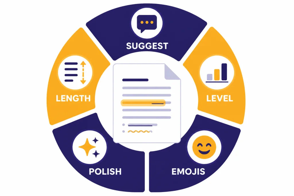 Canvas Writing Shortcuts Shortcut wheel around a document labeled SUGGEST, LENGTH, LEVEL, POLISH, and EMOJIS.