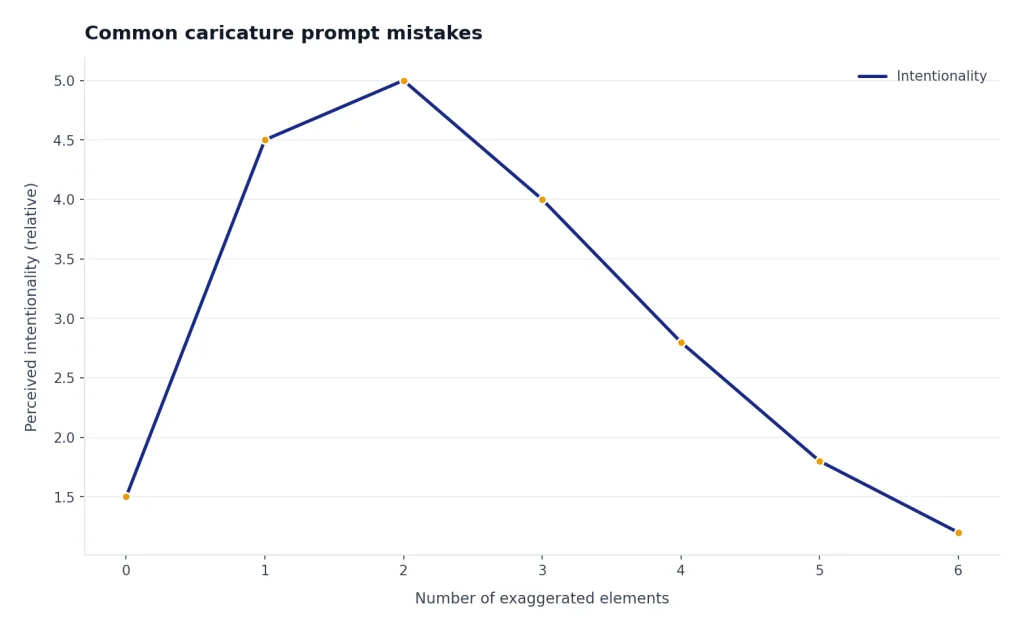 Line peaks at 2 exaggerated elements, then falls by 6, showing intentionality drops when everything is exaggerated.