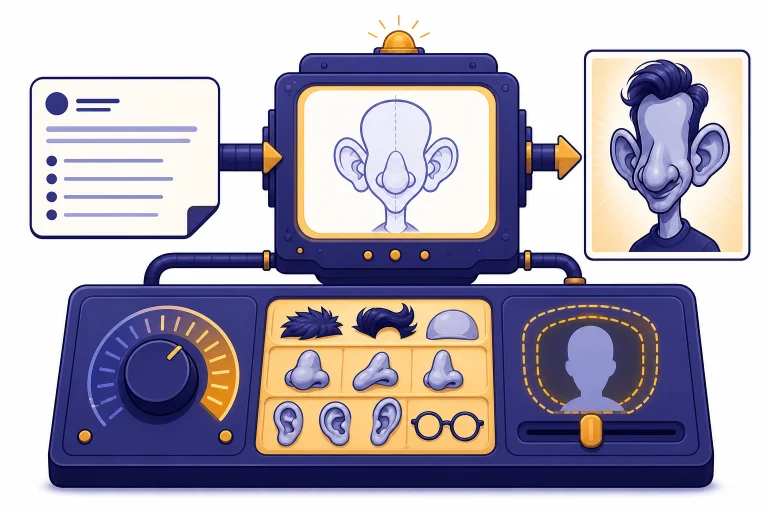 Prompt card, exaggeration dial, prop tray, and boundary slider in a caricature workflow dashboard.