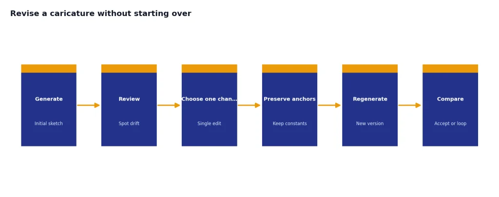 Process with 6 stages: Generate, Review, Choose one change, Preserve anchors, Regenerate, Compare.
