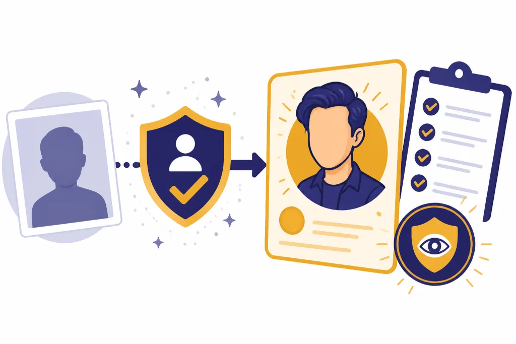 Photo placeholder passes through a consent shield into a caricature card with review checklist.
