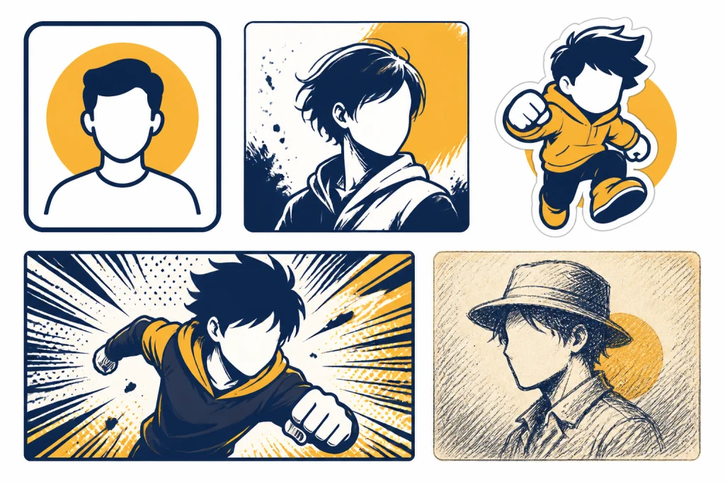 Five style tiles showing avatar, editorial, mascot, comic, and vintage caricature treatments.