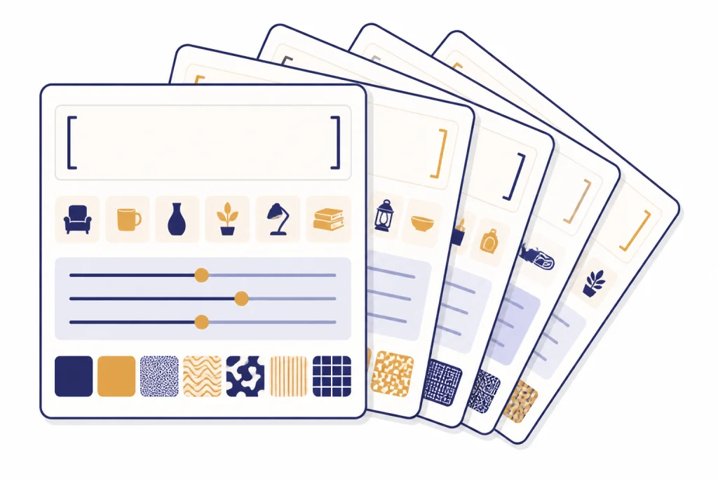 Reusable prompt cards with empty fields, prop icons, mood sliders, and style swatches.