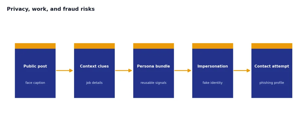 Process with 5 stages: Public post, Context clues, Persona bundle, Impersonation, Contact attempt.