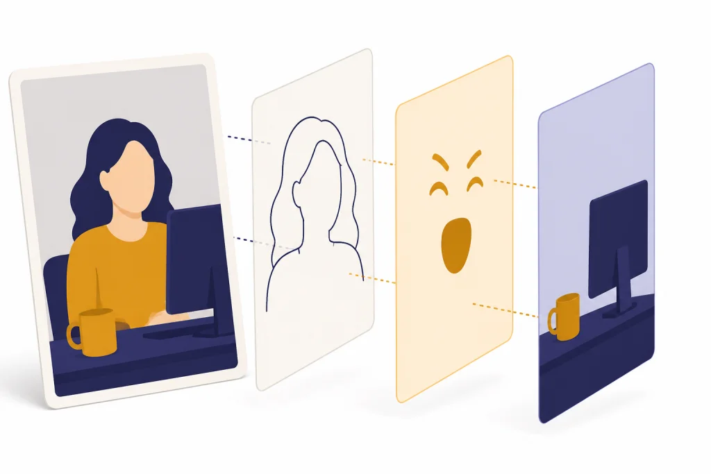 Uploaded photo card split into face outline, exaggerated expression, and workplace props layers.