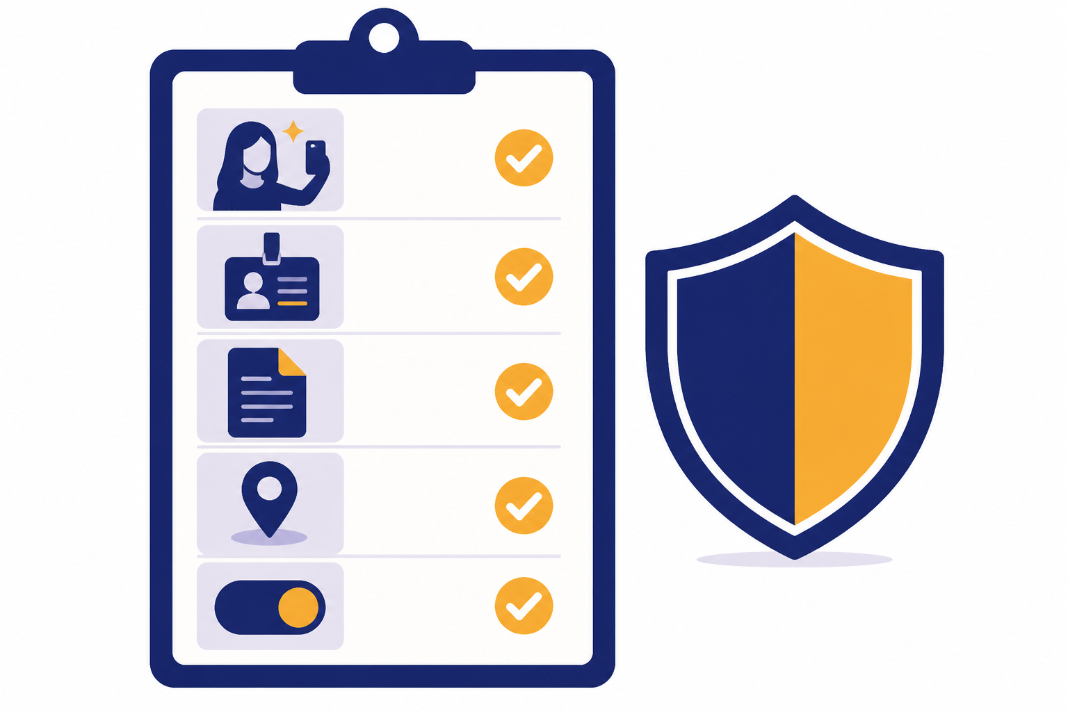 Privacy checklist board with selfie, badge, document, location pin, toggle, and shield icons.