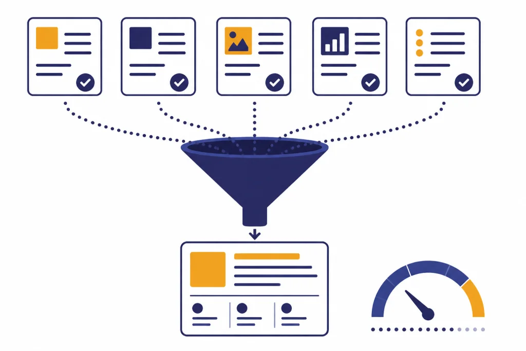 Chunking Long Prompts Five source cards flow through a funnel into one summary card beside a context meter